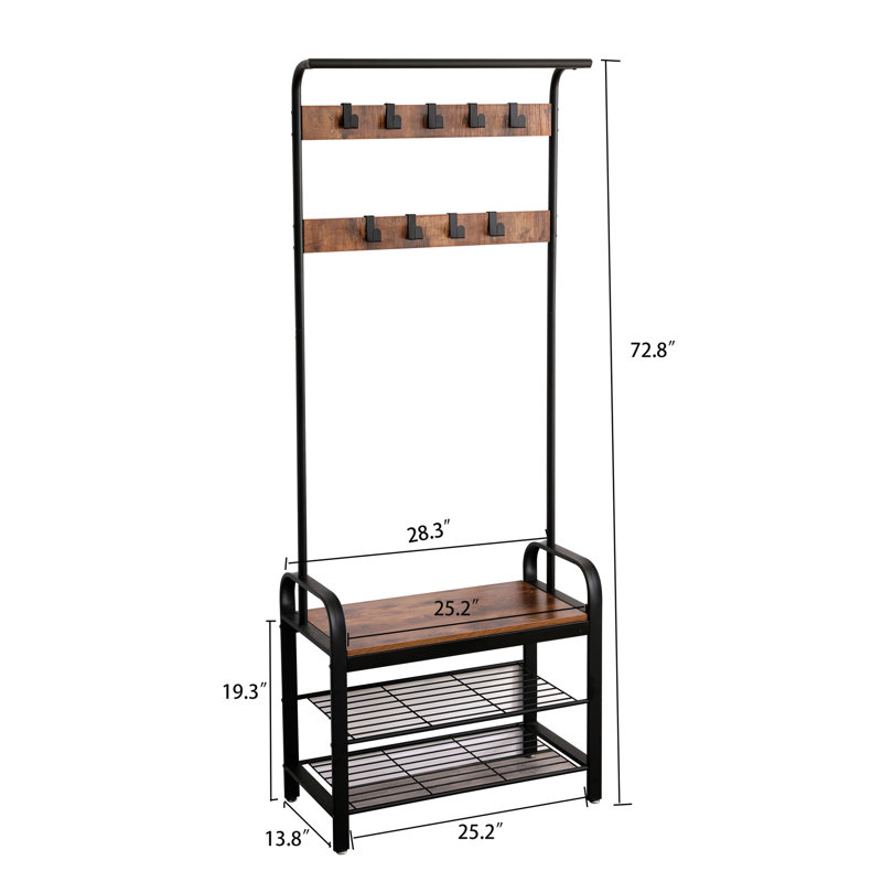 4-In-1 Hall Tree With Coat Rack, Shoe Bench, And Storage â€“ Features 9 Removable Hooks And Hanging Rod, Rustic Brown