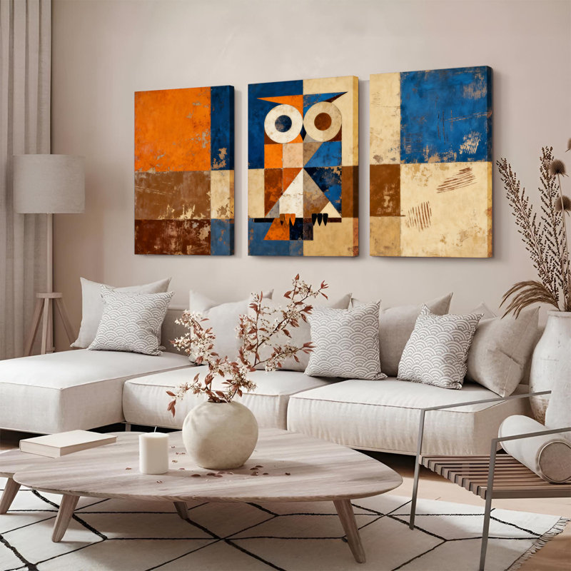 Tableau abstrait géométrique hibou sur toile tendue (lot de 3), H 36 po x l 72 po