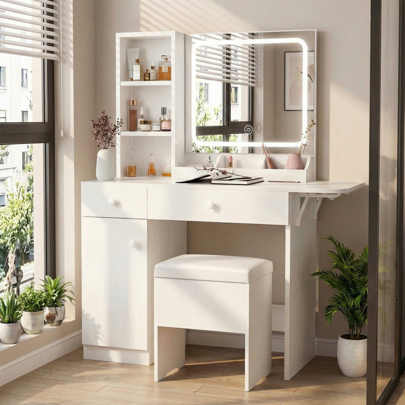 Ensemble de coiffeuse avec miroir lumineux à DEL et prise de courant, plateau de maquillage avec 3 bibliothèques ouvertes, 3 casiers, 2 tiroirs, table de commode pour chambre à coucher, vestiaire