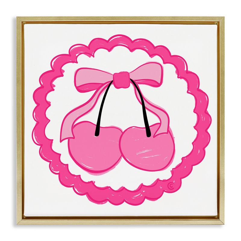 Art mural sur toile "Pink Cherries & Bow Floater" par Carrie Cantwell, H 18 po x l 18 po, Cadre flottant métallique doré