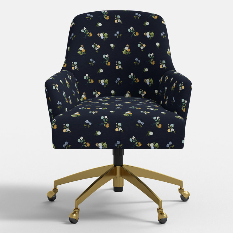 Chaise de bureau Rifle Paper Co. x Fabric & Company, Bleu marine dahlia Ditsy, Or brossé