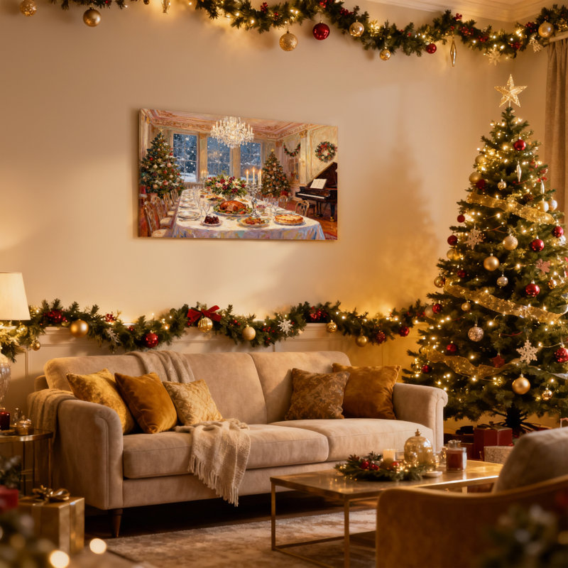 Scène de table de Noël avec arbres et piano, ensemble de 3 impressions sur toile, H 20 po x l 30 po