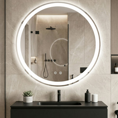 Wall-Mounted Round LED Anti-Fog Bathroom Mirror, Adjustable Brightness and Color Temperature Vanity Mirror
