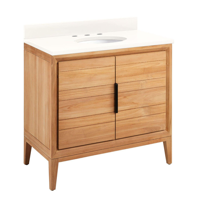 36" Aliso Single Bathroom Vanity Set with Oval Undermount Sink, Arctic White Quartz, Natural Teak, 8" Widespread
