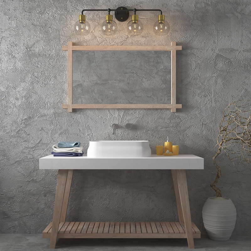 Applique murale pour salle de bain 4 lumières Inlight de 31 po de large avec abat-jour sphériques en verre grainé transparent Inlight, ampoule non incluse, IN-0443-4-GD