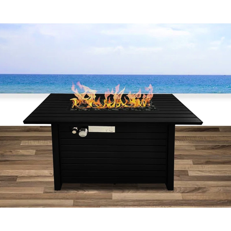 24" H Outdoor Steel Fireplace Table With Propane - Black, , Airy Slatted Base, Lid, Lava Rocks, Glass Fire Beads, Adjustable Flame, Patio Deck Compatible Heating Accessory Pit Cover, Flame