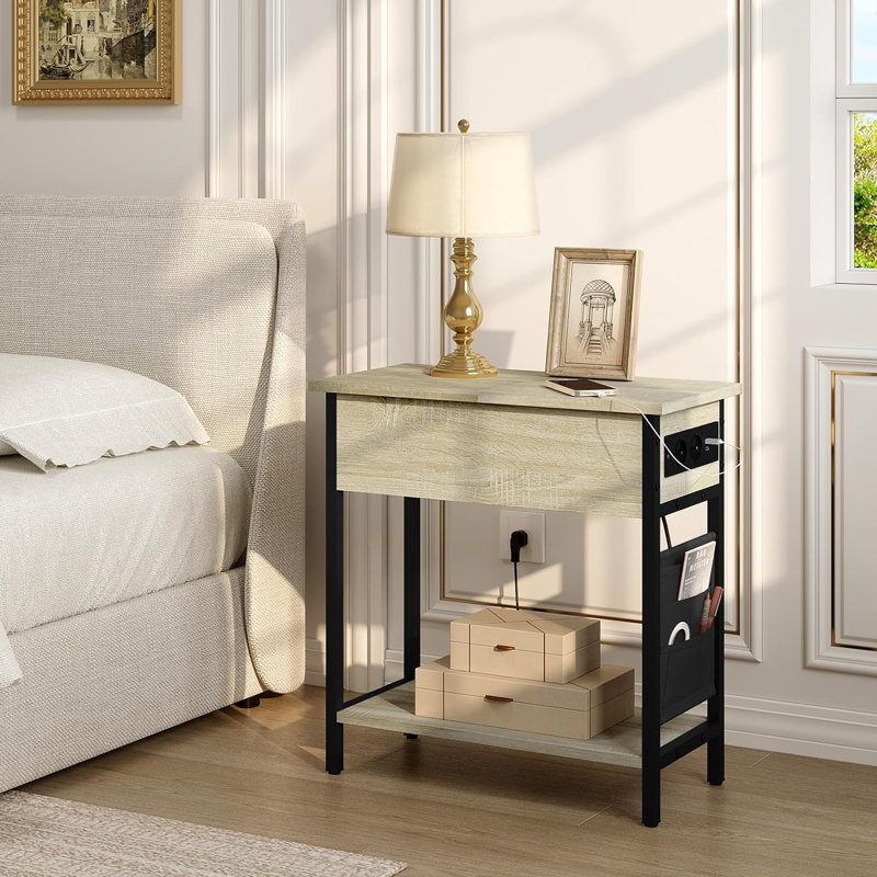 Khenifra End Table with Built-In Outlets, Oak Wood