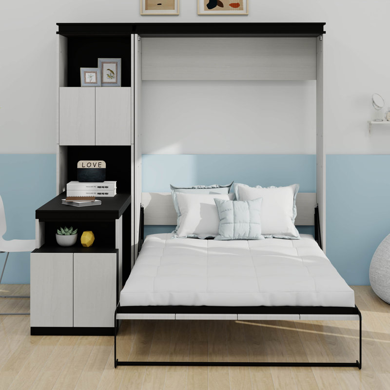 Lit escamotable double avec bureau, armoire de rangement et tablettes, cadre de lit mural pliant en bois avec support à lattes