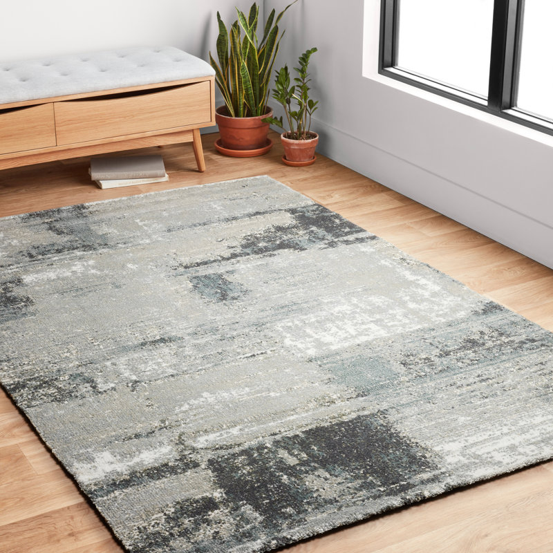 Tapis bleu ardoise abstrait Tergel, Rectangle 11 pi 6 po x 15 pi