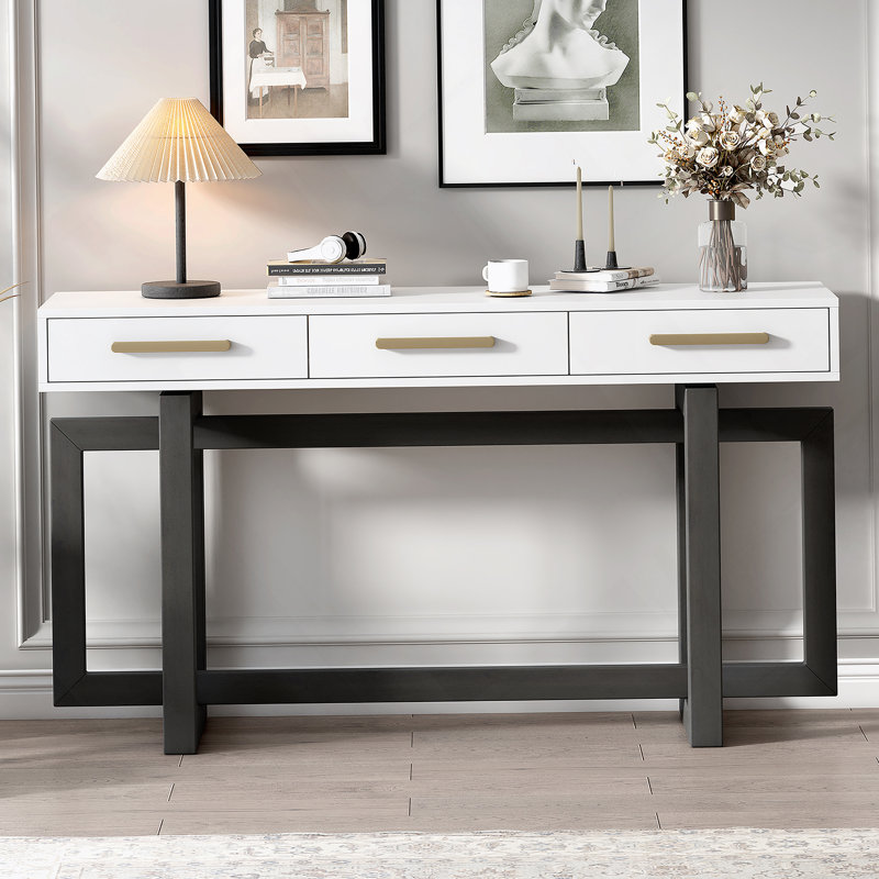 Console élégante avec trois tiroirs, table d'entrée très longue pour vestibule, couloir, salon, vestibule, couloir, Blanc