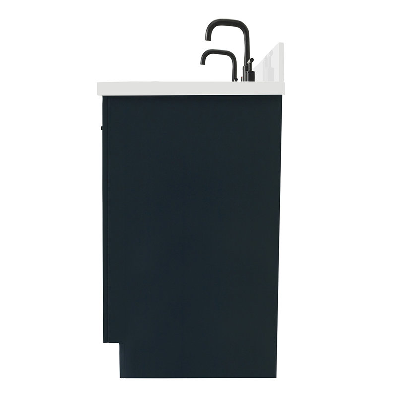 Meuble-lavabo double en bois massif Tidworth avec plateau en quartz blanc de 1,5 po, Bleu minuit / noir mat