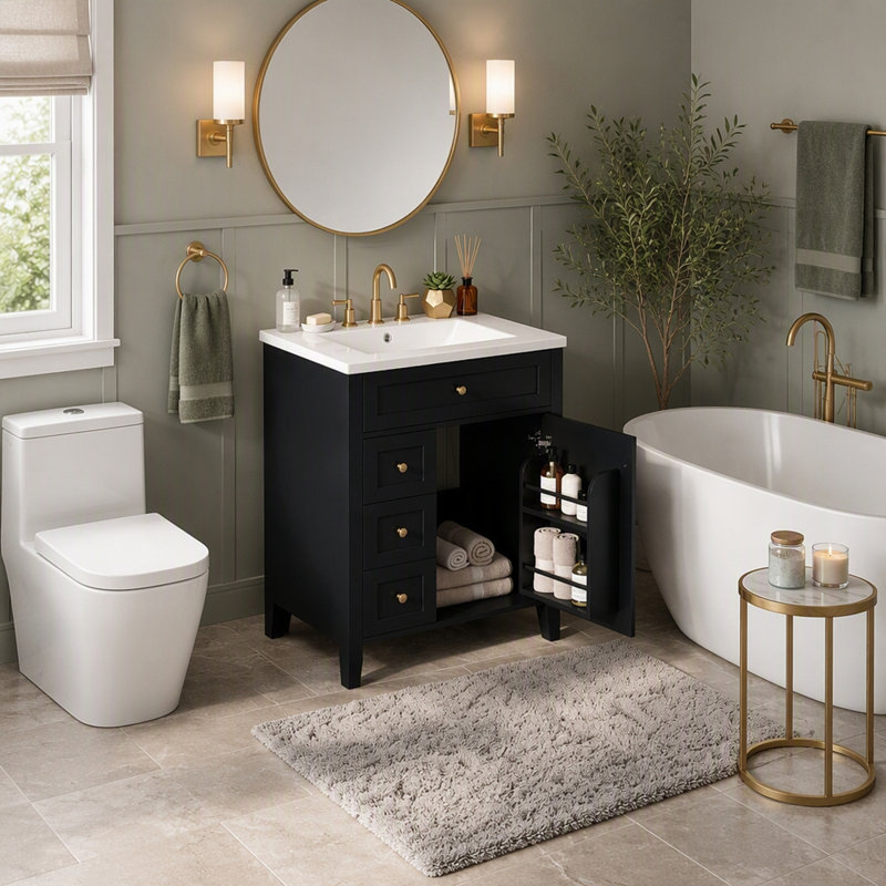 Meuble-lavabo moderne 24 po avec lavabo en céramique, poignées en métal, porte à fermeture en douceur, black