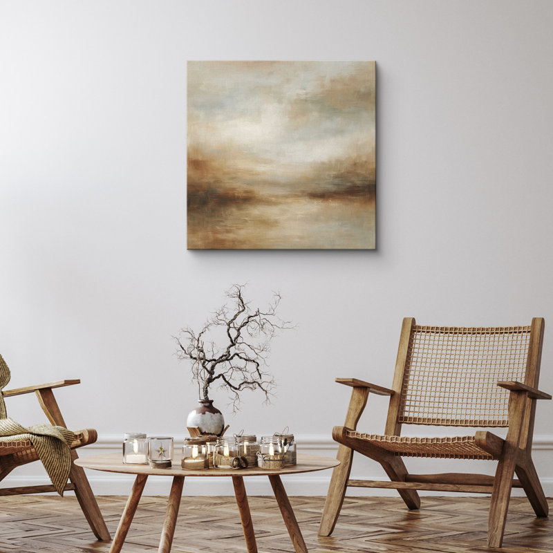 «Soft Neutral Horizon Abstract» dans des tons chauds de beige et de taupe - impression sur toile encadrée, H 16" x l 16"