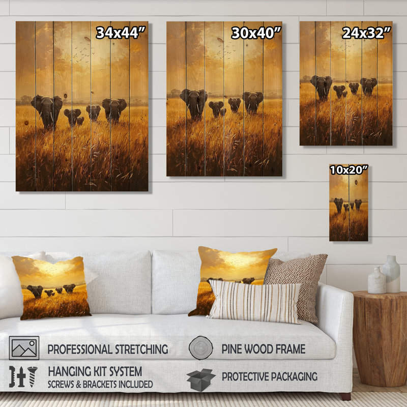 Elephants Crossing The Savannah I - Elephant Animal Wood Wall Art - On Natural Pine Wood, 40" H x 30" W x 0.78" D