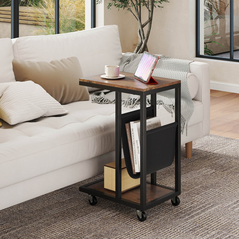 2 pièces Table d'appoint en forme de C Canapé à 2 niveaux avec étui de rangement en toile brun