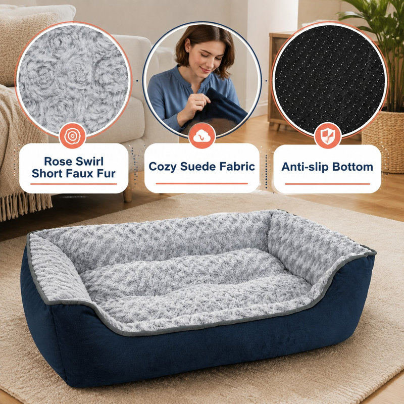 Ce sofa rectangulaire bleu marine pour chiens est offert en plusieurs tailles et convient aux chiens de grande, moyenne et petite taille ainsi qu'aux chiots. Il combine une construction orthopédique avec une surface douce, respirante et apaisante pour les câlins des animaux de compagnie, une grande durabilité, une facilité de lavage et une base antidérapante.