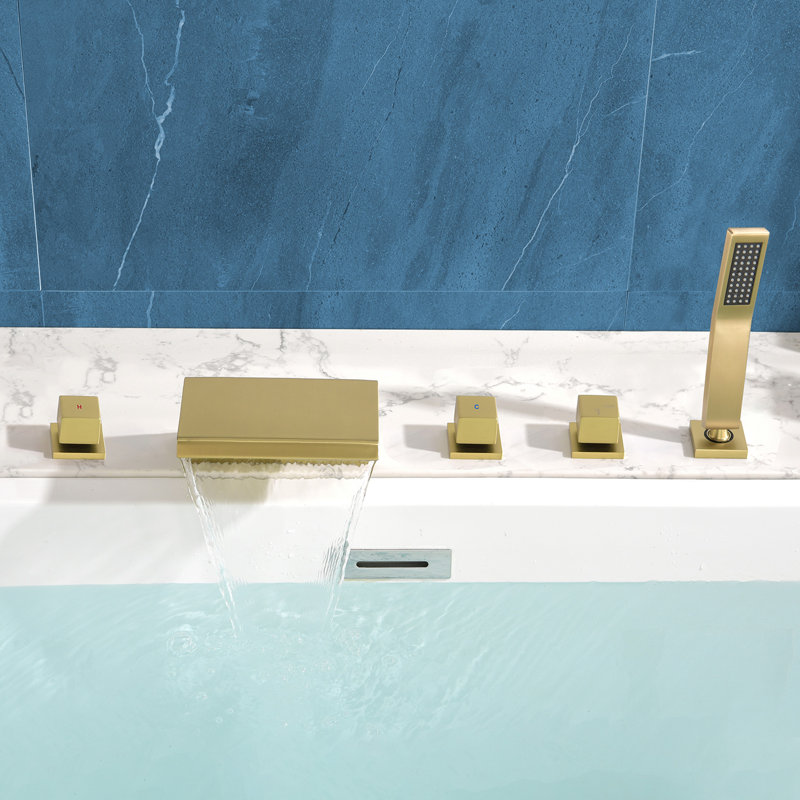 Deck Mount Roman Tub Faucet Set Waterfall High Flow Bathtub Faucets, Brushed Gold
