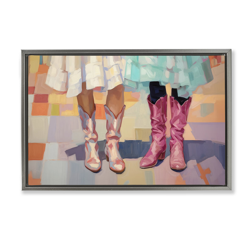 Filles dans des bottes de cowboy, toile flottante encadrée dorée par Sissi et Seb, Cadre flottant gris lustré