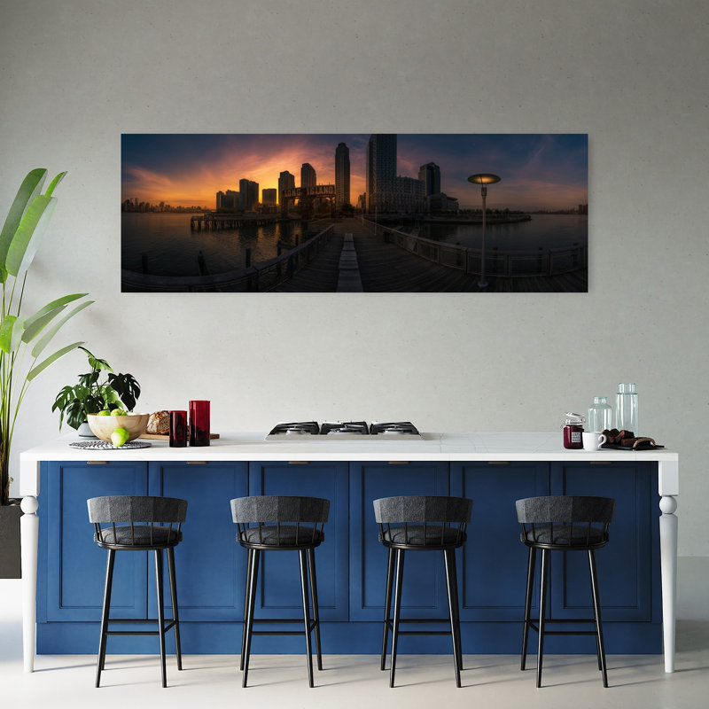 «Dramatic Long Island Sunset», art dramatique coloré de ville vibrante, H 20 po x l 60 po