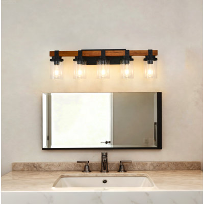 5-Light Modern Industrial Bathroom Vanity Light with Clear Glass Shades Matte Black and Wood Tone