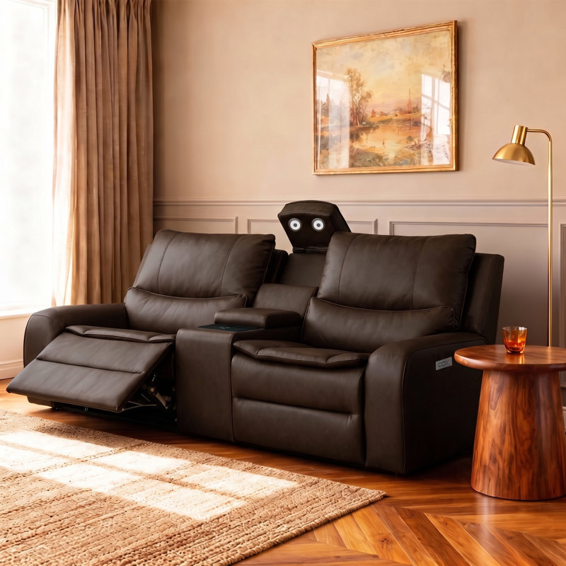Causeuse inclinable électrique en similicuir 94,5 po avec repose-tête réglable, Simili cuir brun foncé