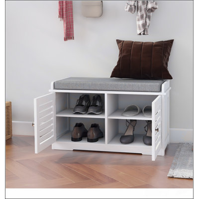 Banc de rangement pour chaussures avec coussin de siège rembourré, banc d'entrée avec 2 portes de grange