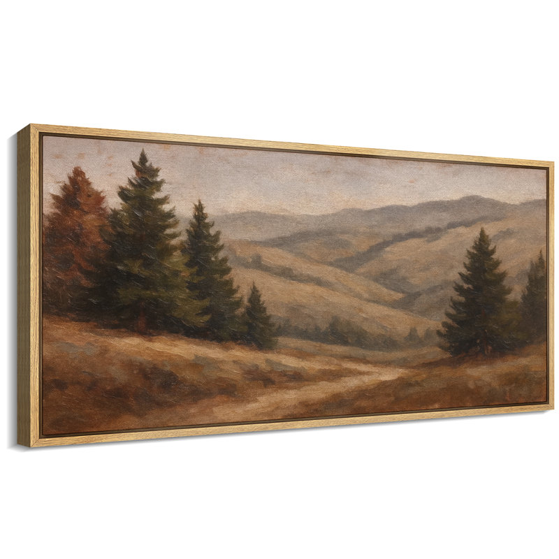 Vintage Pine Tree Mountain Landscape Artwork Extra Large Pictures Framed Canvas Print Wall Art, 30" H x 60" W, Natural
