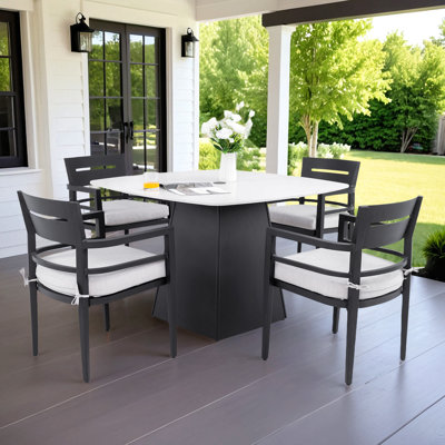 5-Piece Outdoor Pedestal Dining Set, 44" Rounded Square Sintered Stone Table With Flared Base And 4 Armchairs, Sunbrella Cushions, Rust-Free Aluminum, Weather-Resistant, For Patio Or Deck