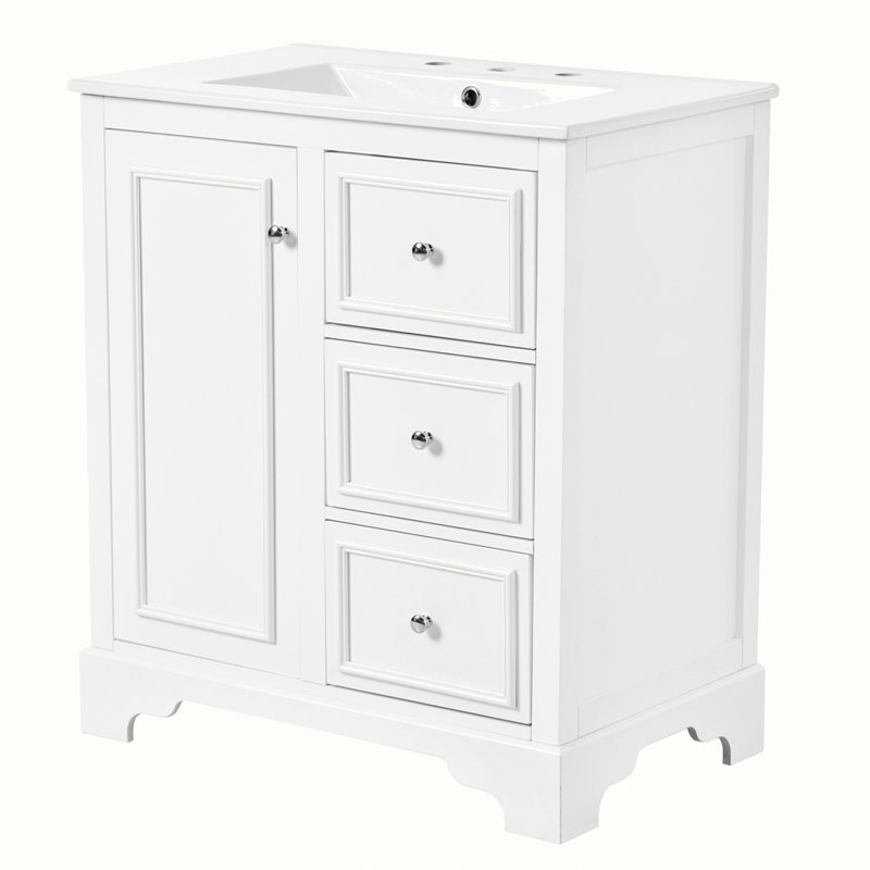 meuble-lavabo de salle de bain avec lavabo en céramique, 3 tiroirs et tablettes réglables, Blanc, Argent argent