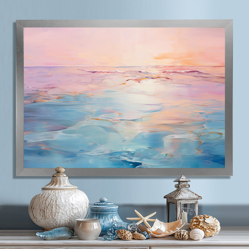 Rose et bleu pastel coucher de soleil - vagues côtières, art mural, Cadre photo argenté, H 12 po x l 20 po x P 1 po