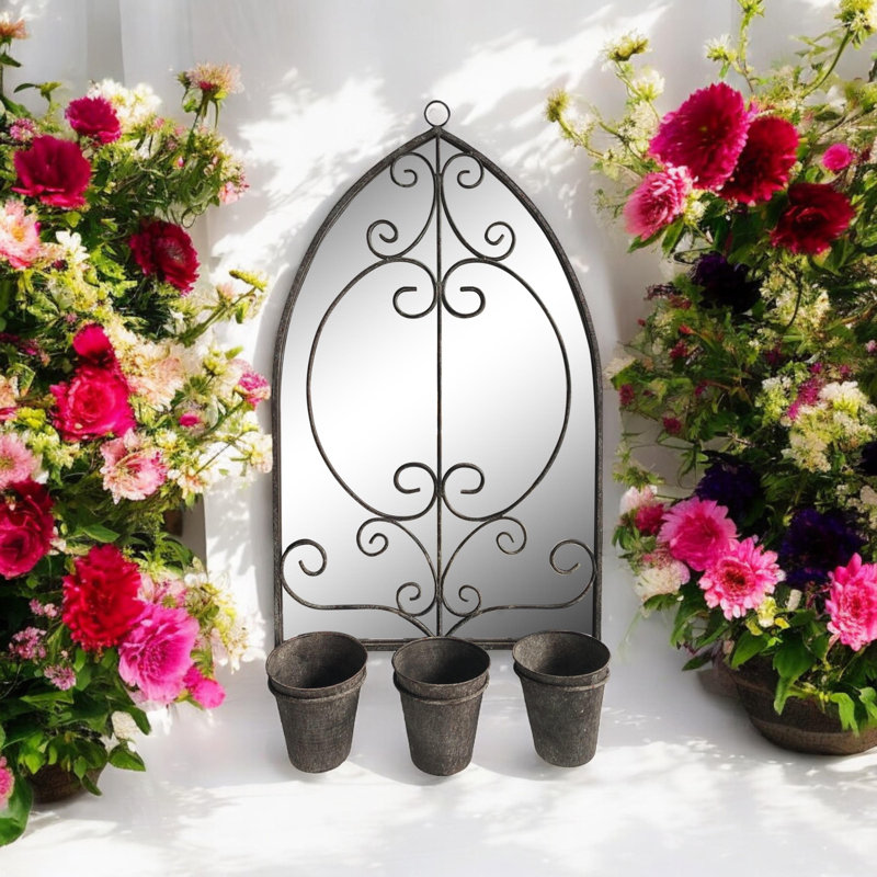 Sau Hanging Garden Mirror with 3 Planters Hand Finished Indoor Outdoor Decorative Wall Accent for Patio Home Decor