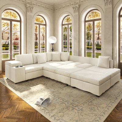 110.2" L-Shaped Sectional Sofa Set W/ Removable Ottoman,Convertible Sleeper Sofa With Hidden Armrest Storage,Usb Charging Ports And Cup Holders,Plush Corduroy Fabric,For Living Room, Apartment ,Beige