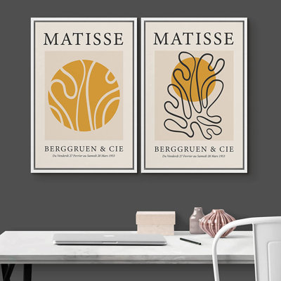 Classical Artwork " Matisse Yellow Geometric Wave Floral Collage " by Henri Matisse 2 - Pieces