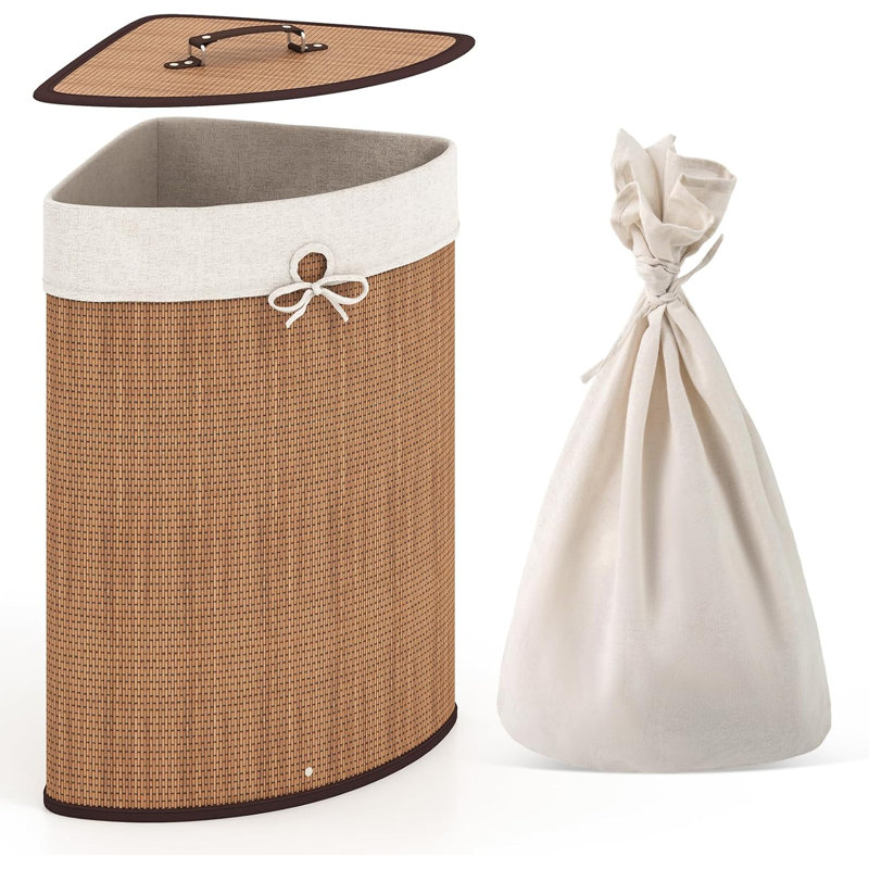 Corner Laundry Hamper With Lid, 58 L Bamboo Laundry Basket With Removable Liner & Handle, Triangle Clothes Hamper For Small Spaces, Bedroom, Bathroom, Laundry & Living Room