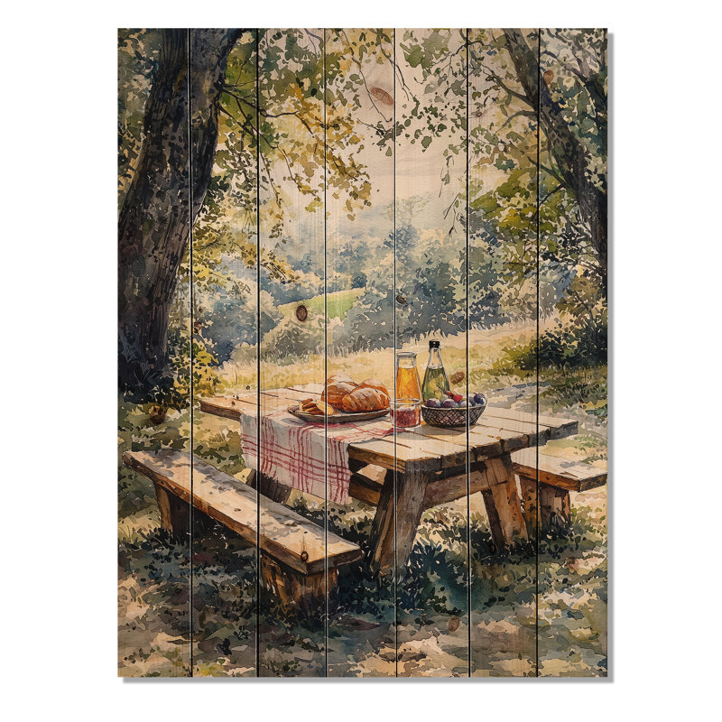 Table de pique-nique The Morning III - Repas et pique-nique, art mural en bois - sur bois de pin naturel