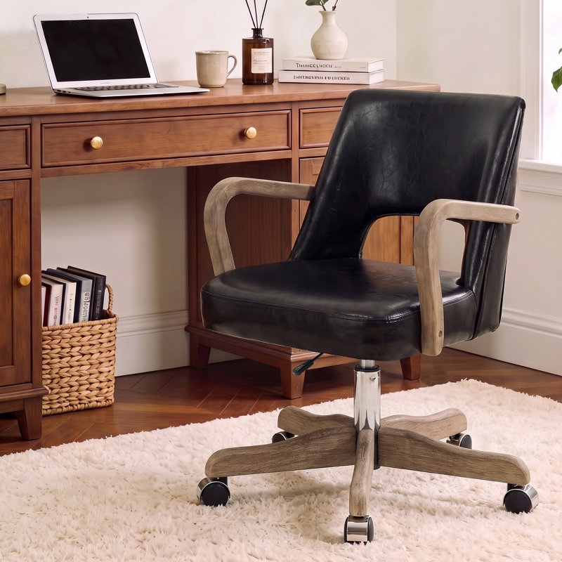 Chaise de bureau pivotante à hauteur ajustable avec roulettes - siège à dossier moyen en tissu, base en bois, With Arms