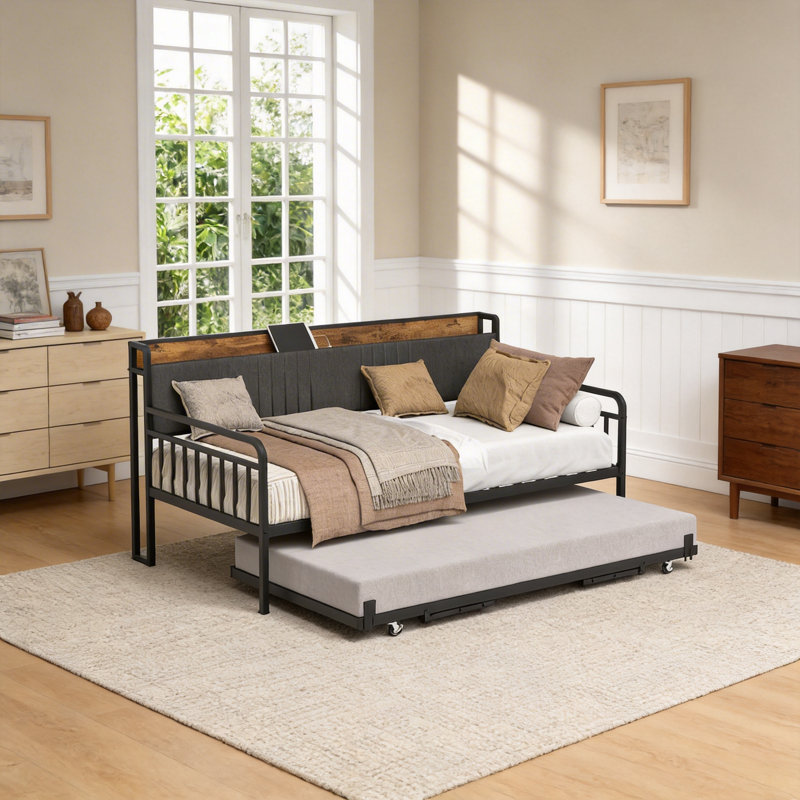 Twin Size Daybed With Adjustable Trundle Bed,  Metal Frame Daybed With Upholstered Headboard & Built-in Shelf, Foldable Legroom & Lockable Casters, No Box Spring Needed For Living Room Bedroom, Black & Rustic Brown