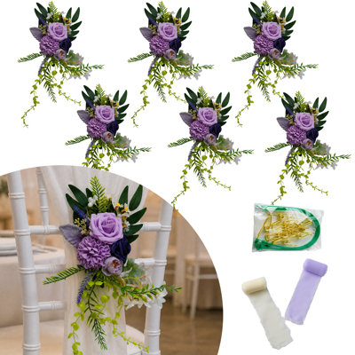 6-Pack Wedding Chair Decorations, Purple Artificial Flower Chair Back Decor with Ribbons, Aisle Chair Flowers for Wedding Ceremony, Rustic Wedding Decor, with Fastening Accessories
