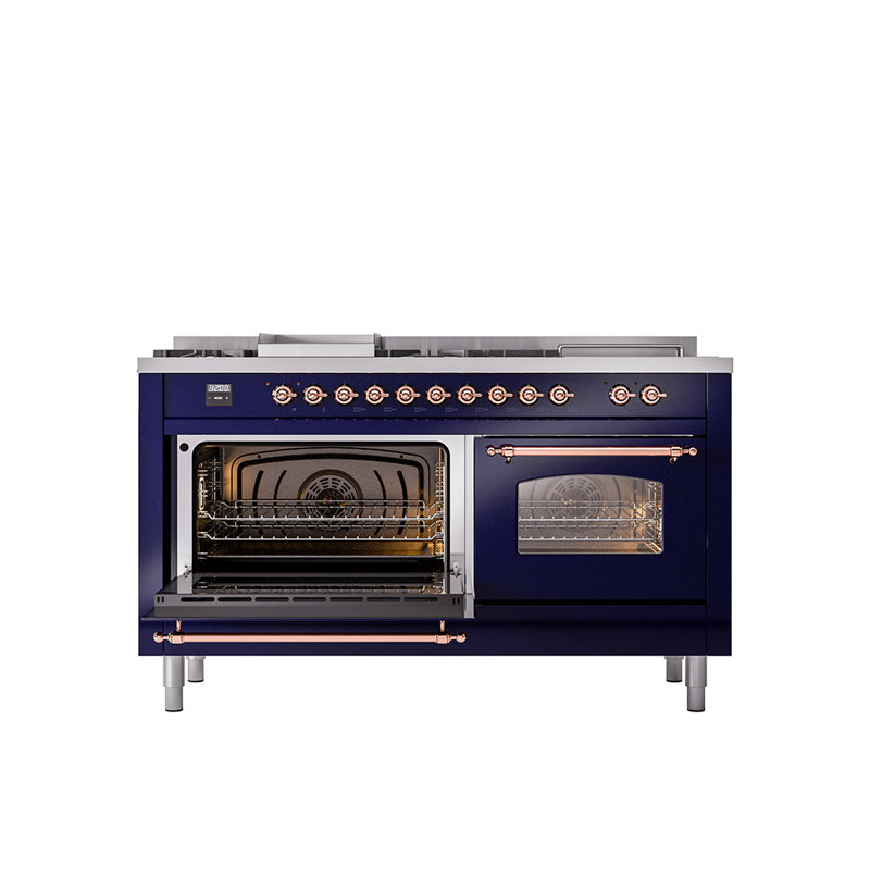 ILVE Nostalgie II Series 60 inch Dual Fuel Range with 5 Sealed Burners, Griddle, Frenchtop (Glass Door), Midnight Blue/Copper