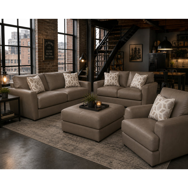  Donevan 4 Piece Genuine Leather Living Room Set, Gray Genuine Leather