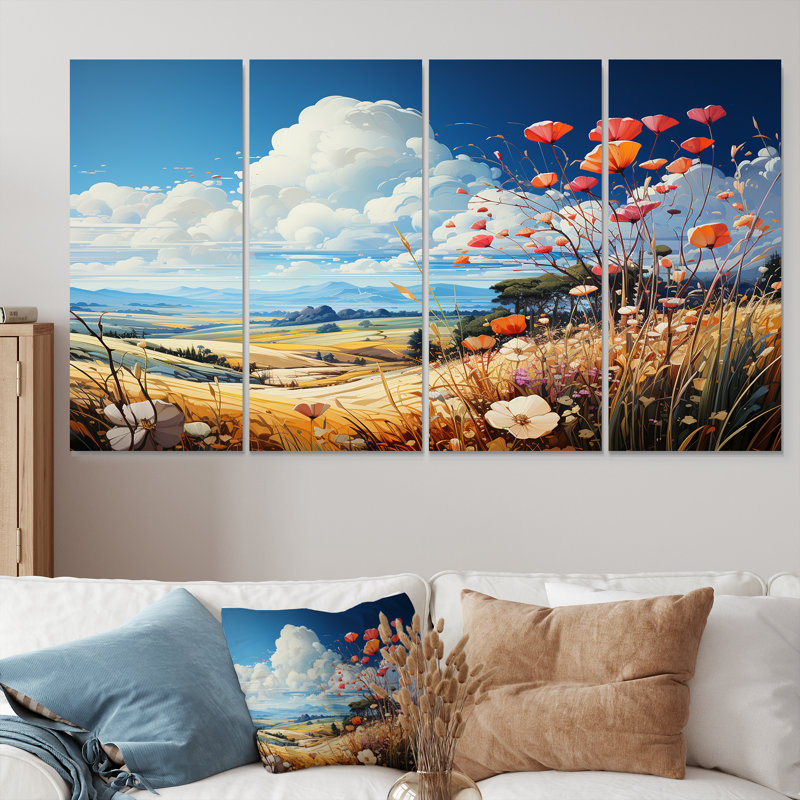 Ensemble de 4 coquelicots en fleurs dans la prairie - Prairie, H 32 po x l 64 po