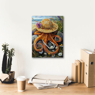 Art mural sur toile 12 po x 16 po «Miss Octopus with Hat and Pearls» Highland Dunes