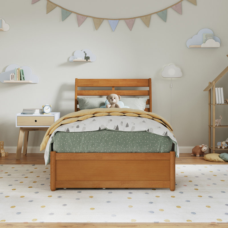 Lit plateforme avec rangement en bois massif et pied de lit Lamareon, Caramel clair, Simple