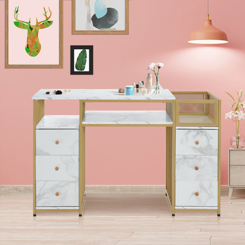 Bureau de maquillage de coiffeuse moderne, bureau à clous avec tiroirs et structure en métal