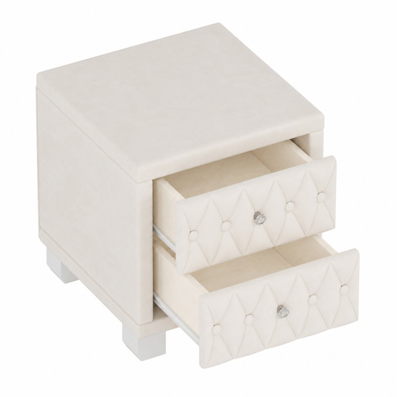 Élégante table de chevet en velours avec 2 tiroirs et poignée en cristal, table de chevet avec capitonnage, Beige