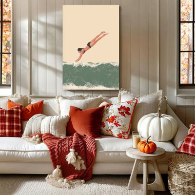 1 pièce encadrée de peinture Almaraz d'une femme plongeant avec un fond de vagues dans un style d'illustration rétro. Affiche murale décorative vintage imprimée pour la décoration intérieure, un cadeau idéal pour l'art moderne dans les chambres et les salons