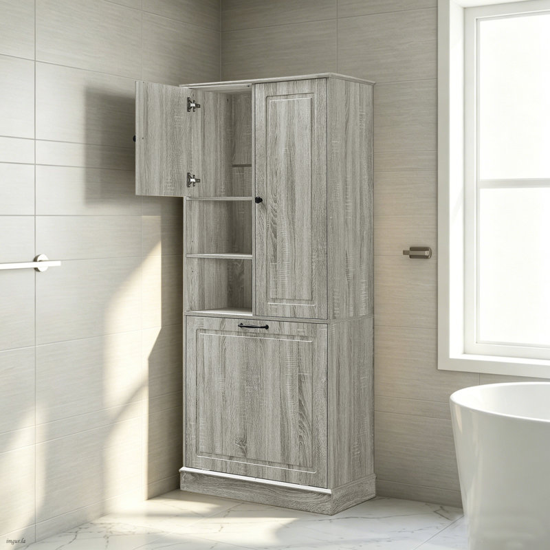 Bathroom Storage Cabinet with Tip-Out Laundry Hamper, Freestanding Tall Cabinet with Adjustable Shelves, Storage Organizer for Bathroom, Kitchen, Laundry Room
