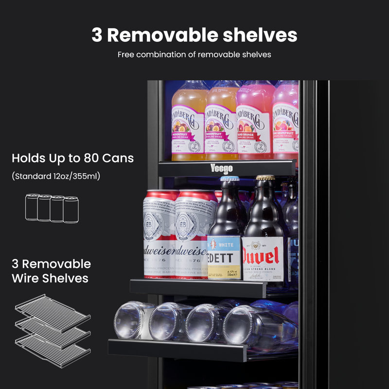 Yeego 15" Beverage Refrigerators & Coolers, 80-Can Capacity Built-In/ Freestanding Cooler for Under Counter Use with Blue LED Light and Adjustable Fridge Shelves