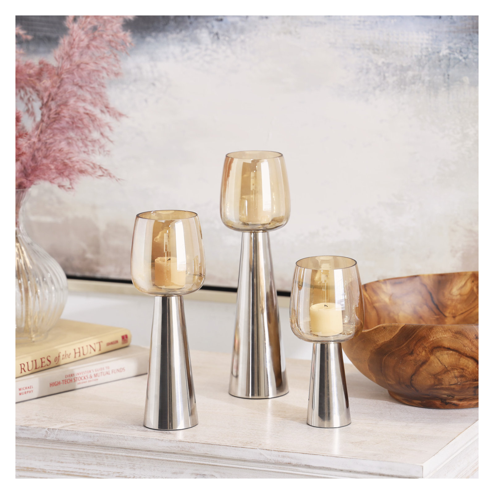 Merriweather 3 Piece Tabletop Candle Stand Set, Polished Silver
