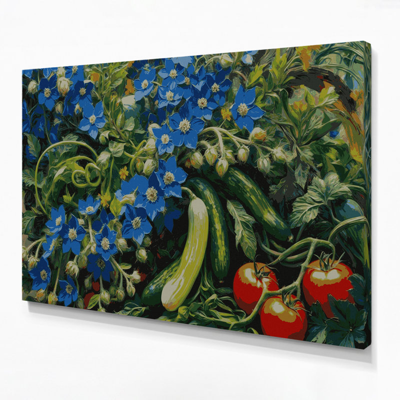 Légumes, fleurs de bourrache, art mural sur toile bleue, H 20 po x l 30 po
